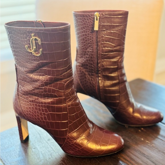 Jimmy Choo Maroon Croc-Patterned Heeled Boots